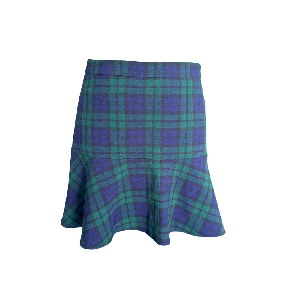 Plaid Mini Skirt Navy Green Black Watch Tartan Flounce Hem High Waisted Preppy